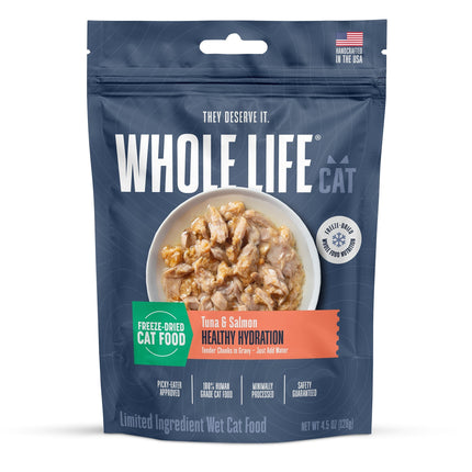 Hydrating Snack and Meal Complement For Cats – Shredded Salmon with Tuna Chunks in Gravy