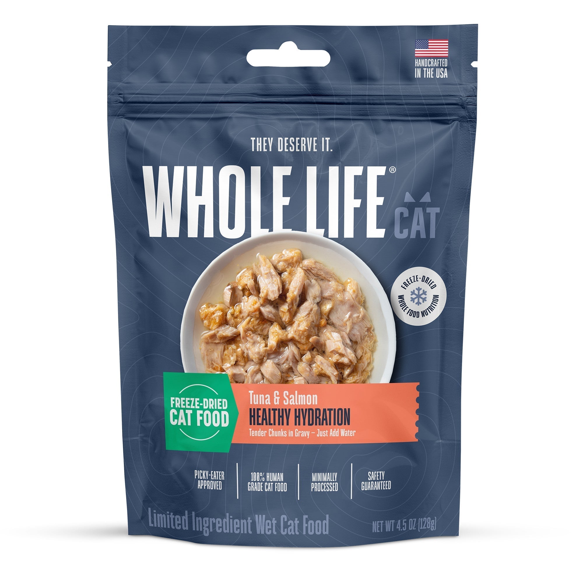 Hydrating Snack and Meal Complement For Cats – Shredded Salmon with Tuna Chunks in Gravy