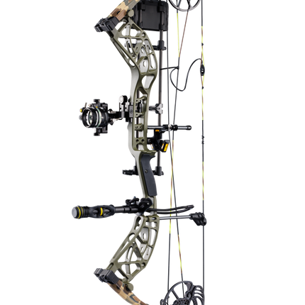Side view showcasing Bear Adapt 2 Plus RTH single cam bow in color Throwback Green equipped with upgraded ready-to-hunt accessories from Trophy Ridge.