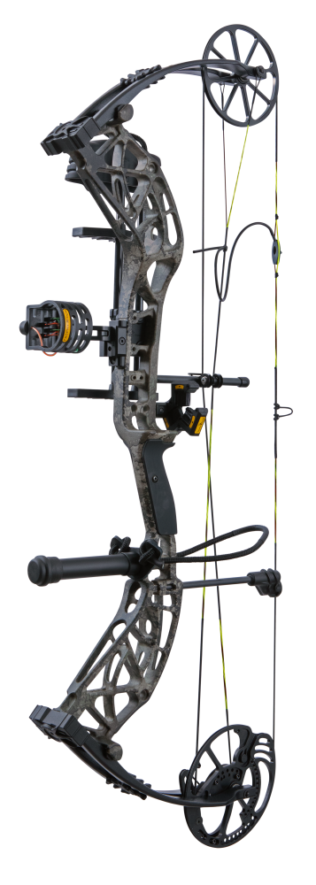 Side view showcasing Bear Adapt 2 RTH hunting bow in color True Timber Strata with Trophy Ridge ready-to-hunt accessories. 