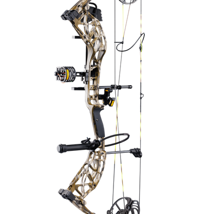 Side view showcasing Bear Adapt 2 RTH hunting bow in color Mossy Oak Bottomland with Trophy Ridge ready-to-hunt accessories. 